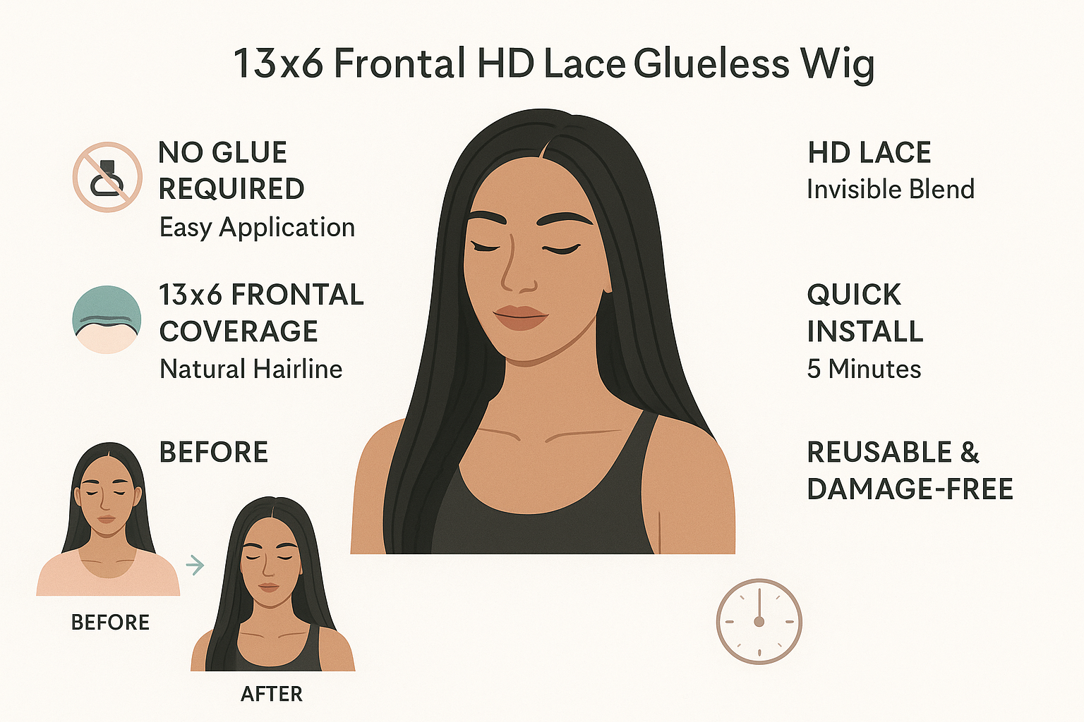 an instructional image displaying the benefits and ease of a 13x6 frontal HD lace glueless wig which is both informative and minimalist
